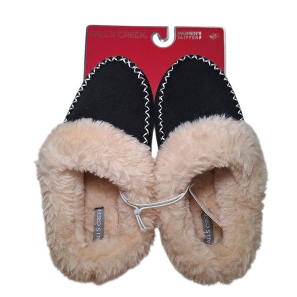 Falls Creek Slippers Lined Black Faux Fur Womens Small 5 6 Winter Warm Cozy - Picture 2 of 7